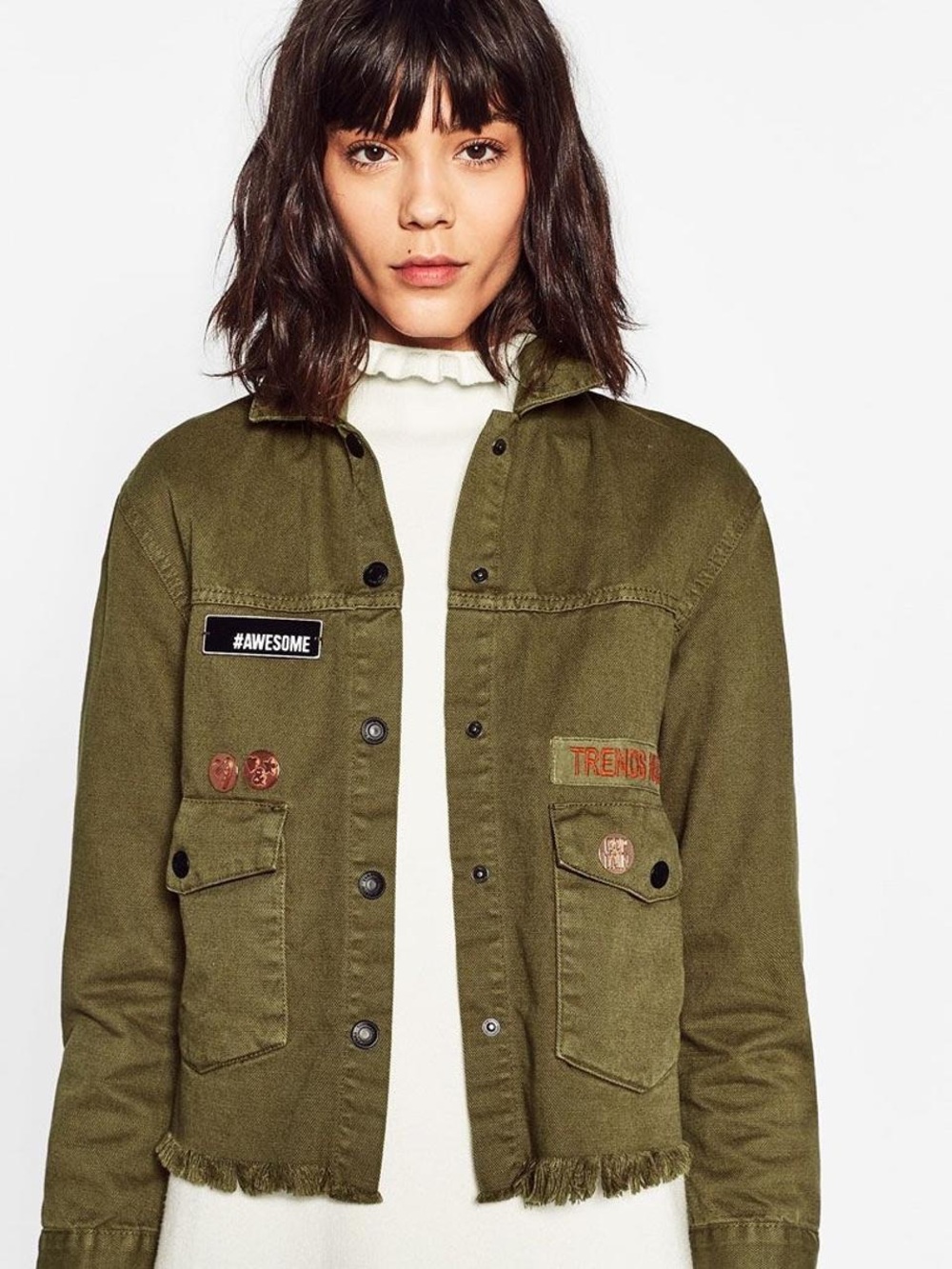 Zara Olive Green Patch-Embellished Utility Jacket